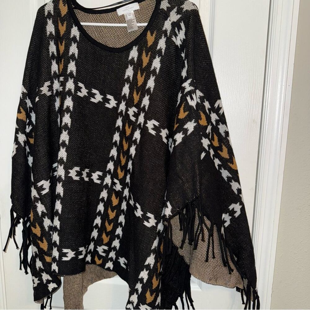 New directions Chic Black and Brown Fringe poncho Sweater